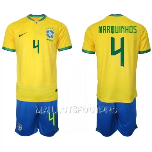 Maillot Brésil Marquinhos 4 Enfant Domicile Coupe du Monde 2022