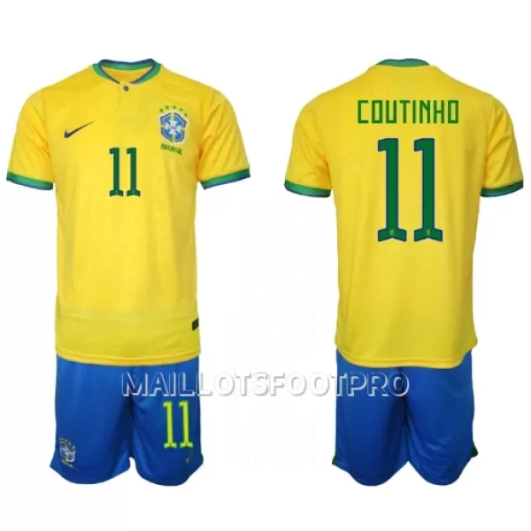 Maillot Brésil Philippe Coutinho 11 Enfant Domicile Coupe du Monde 2022